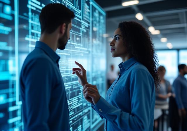 Business professionals discussing data insights around a high-tech screen