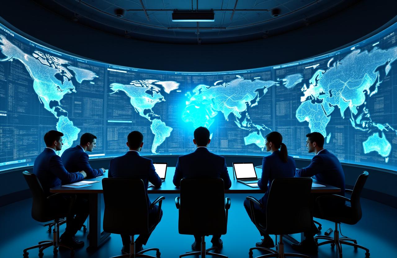 Modern business team analyzing complex data charts on large display