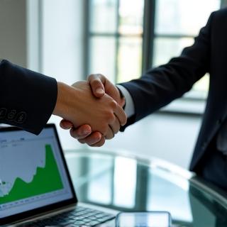 Hands shaking over a tablet showing business growth charts