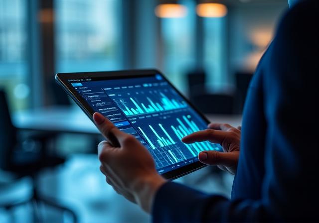Business professional viewing an interactive analytics dashboard on a mobile tablet