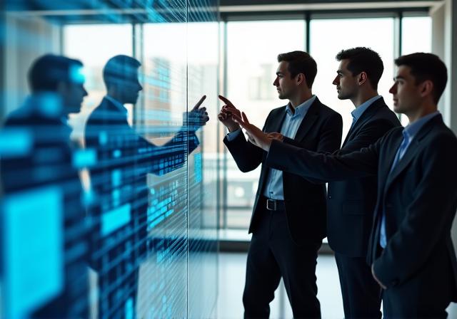 Diverse group of professionals collaborating over a glass wall with digital data overlays